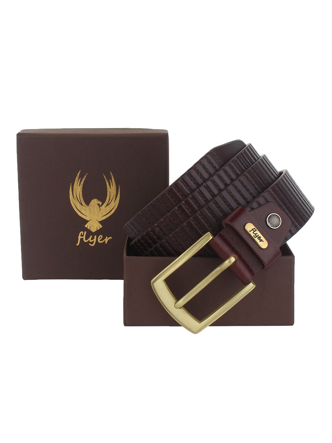 Flyer Men Brown Striped Leather Formal Belt-image-28