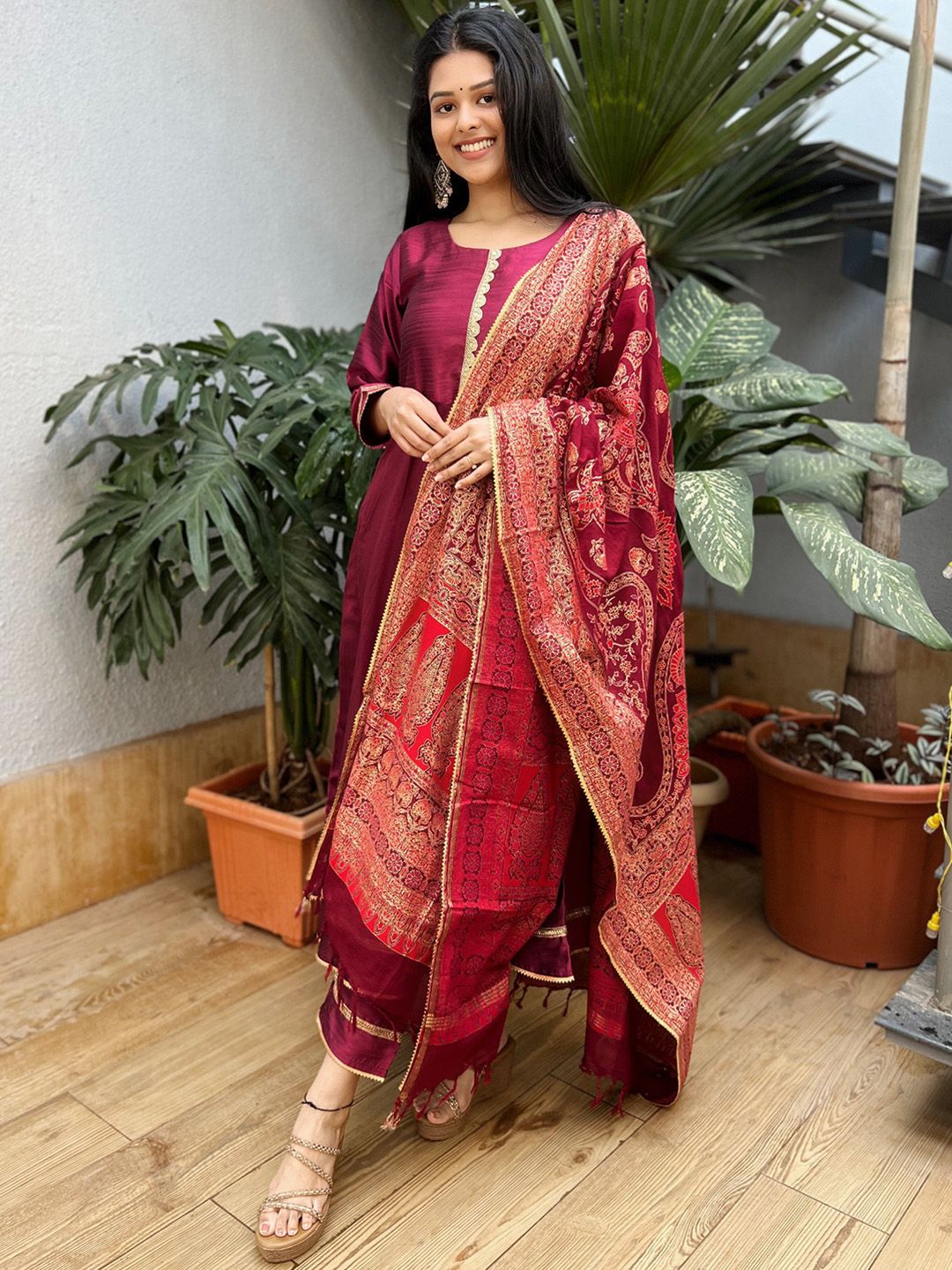 Libas Womens Maroon Solid Anarkali Kurta With Palazzos & Dupatta-picture-21