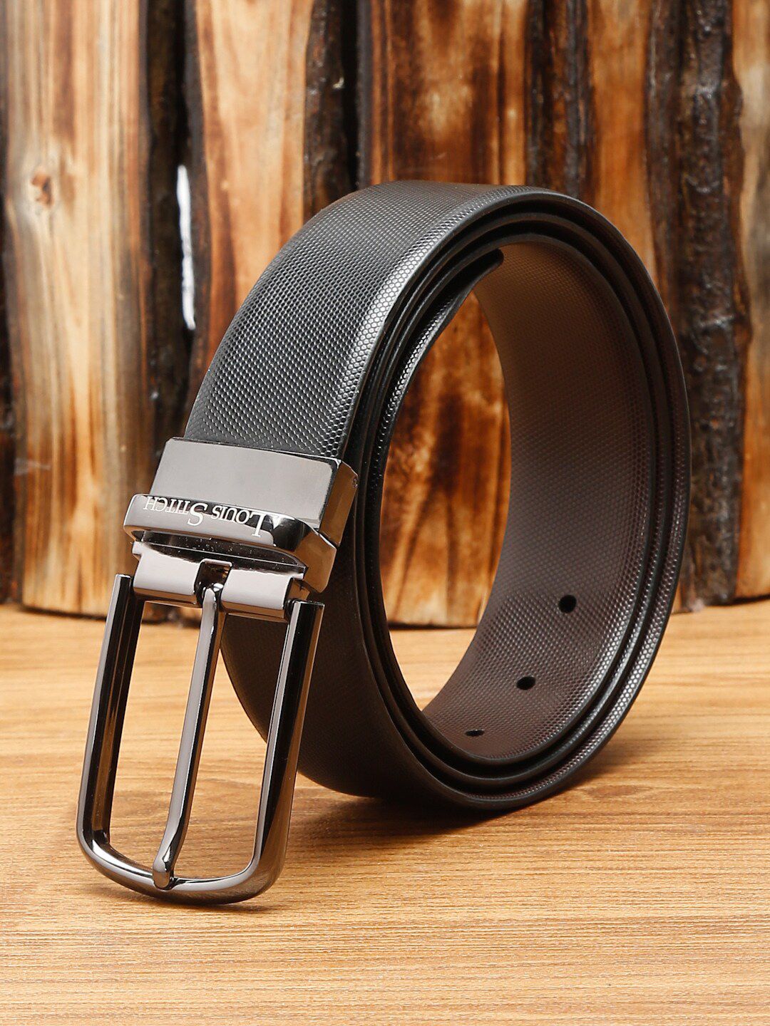 LOUIS STITCH Men Black Textured Leather Formal Belt-image-40