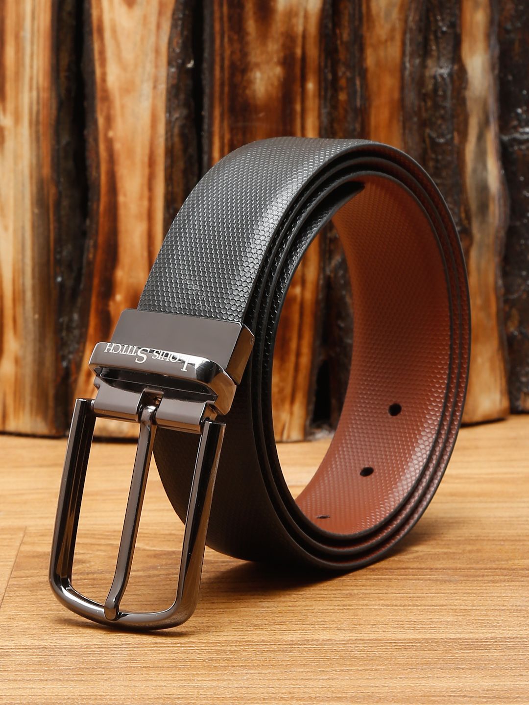 LOUIS STITCH Men Brown Textured Leather Reversible Formal Belt