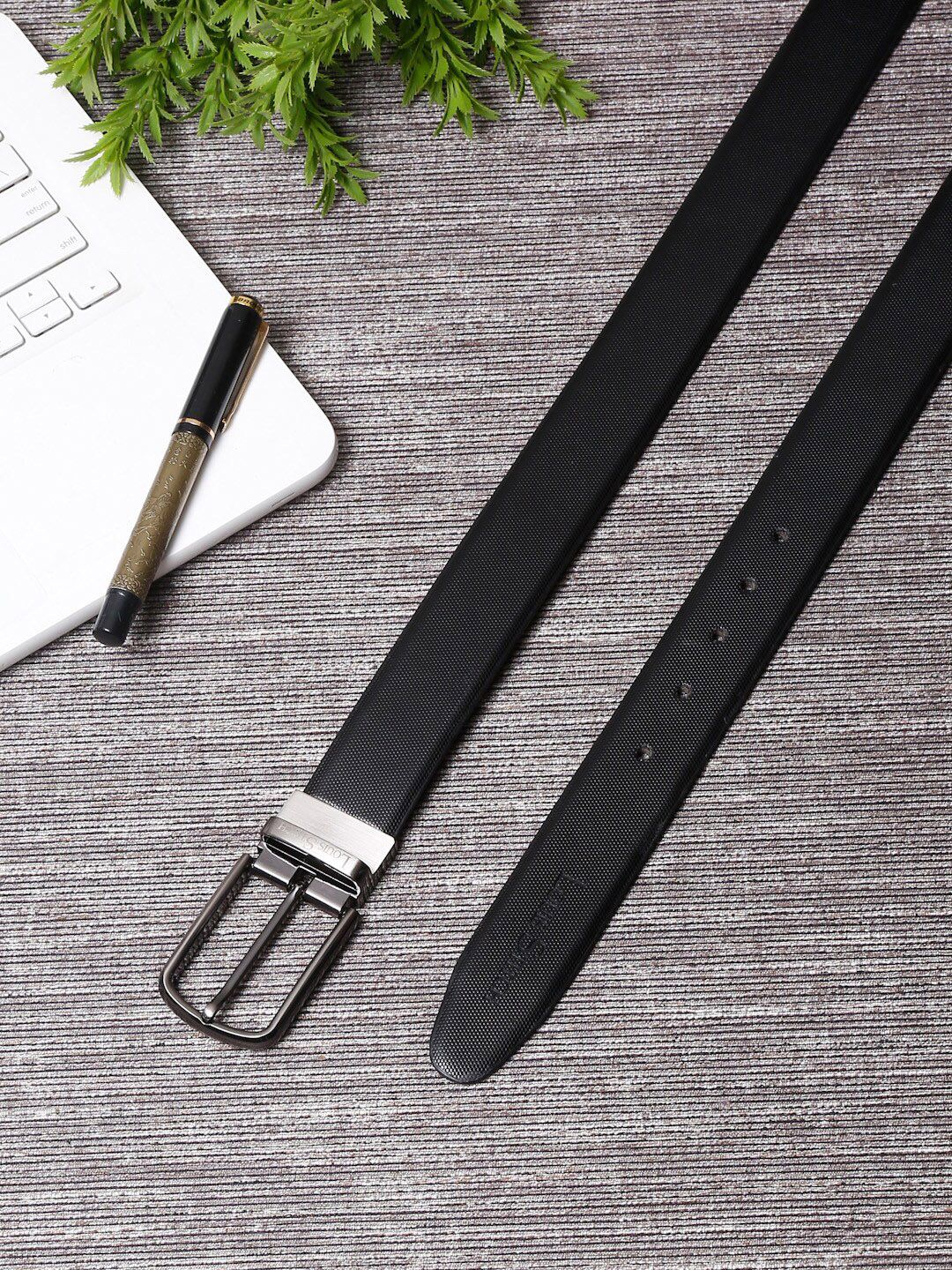LOUIS STITCH Men Black & Brown Textured Reversible Leather Formal Belt-picture-32