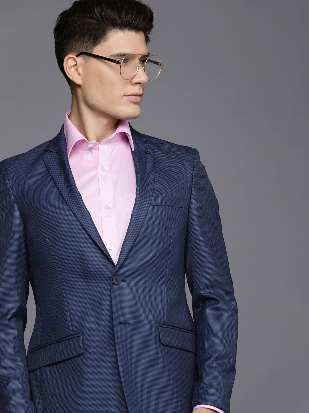 Raymond Men Blue Self Design Slim Fit Single Breasted Formal Blazer-picture-10