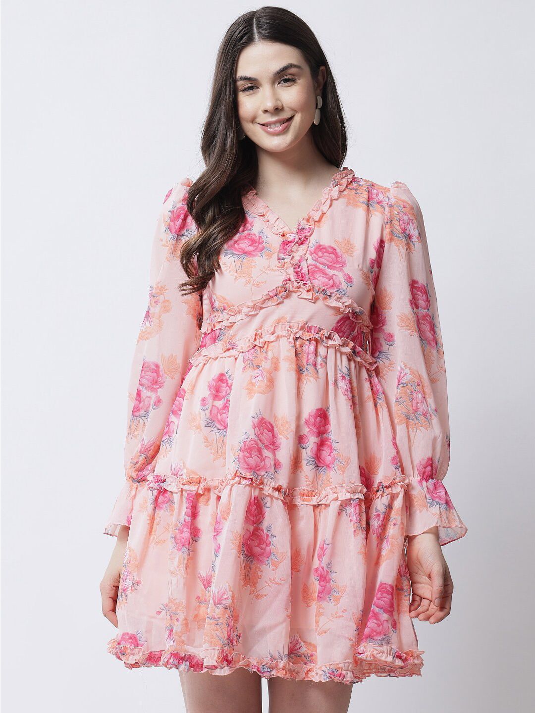 MARC LOUIS Peach-Coloured Floral Georgette Dress-picture-10