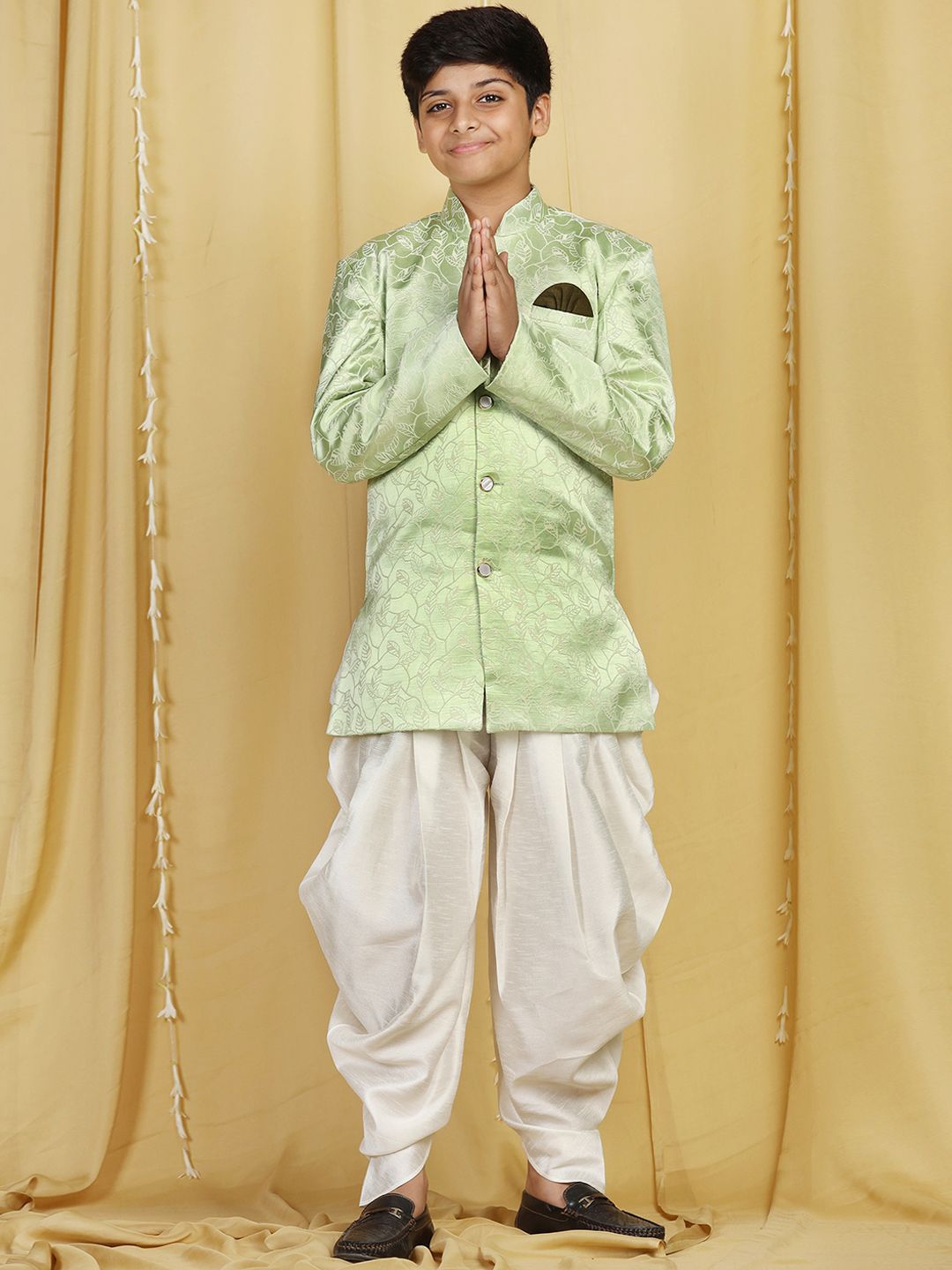 Aj DEZInES Boys Green Woven-Design Sherwani With Dhoti Pants-picture-38