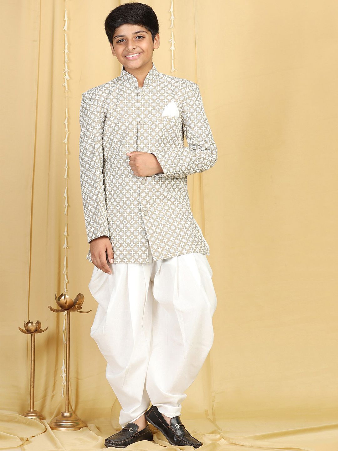 Aj DEZInES Boys Green Embroidered Chikankari Sherwani With Dhoti Pants-picture-37