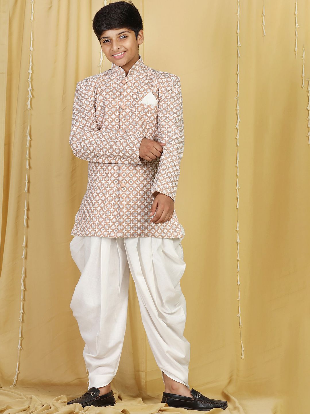Aj DEZInES Boys Brown Embroidered Chikankari Cotton Sherwani With Dhoti Pants-picture-36