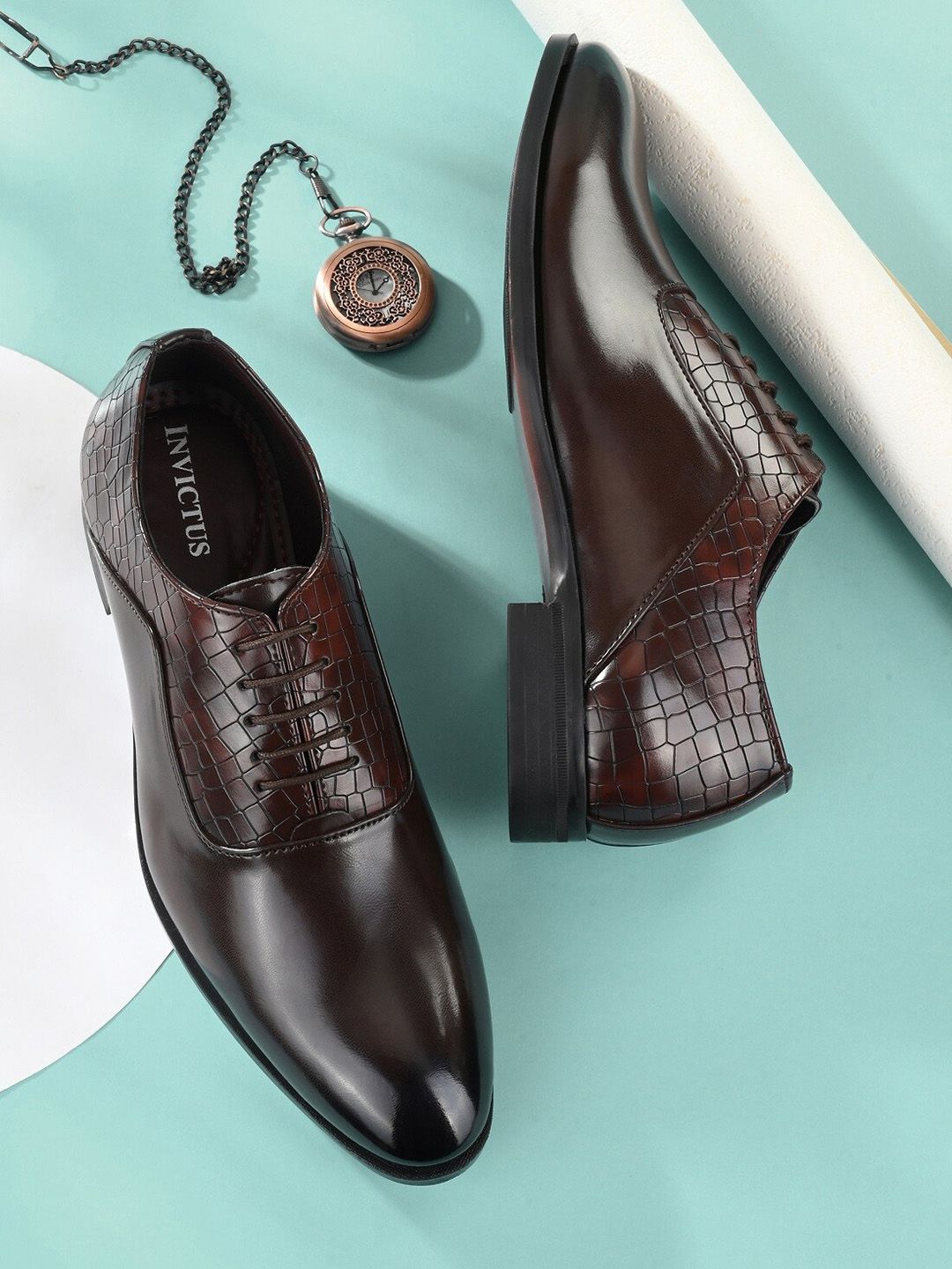 INVICTUS Men Brown Textured Leather Lace Up Oxfords-image-22