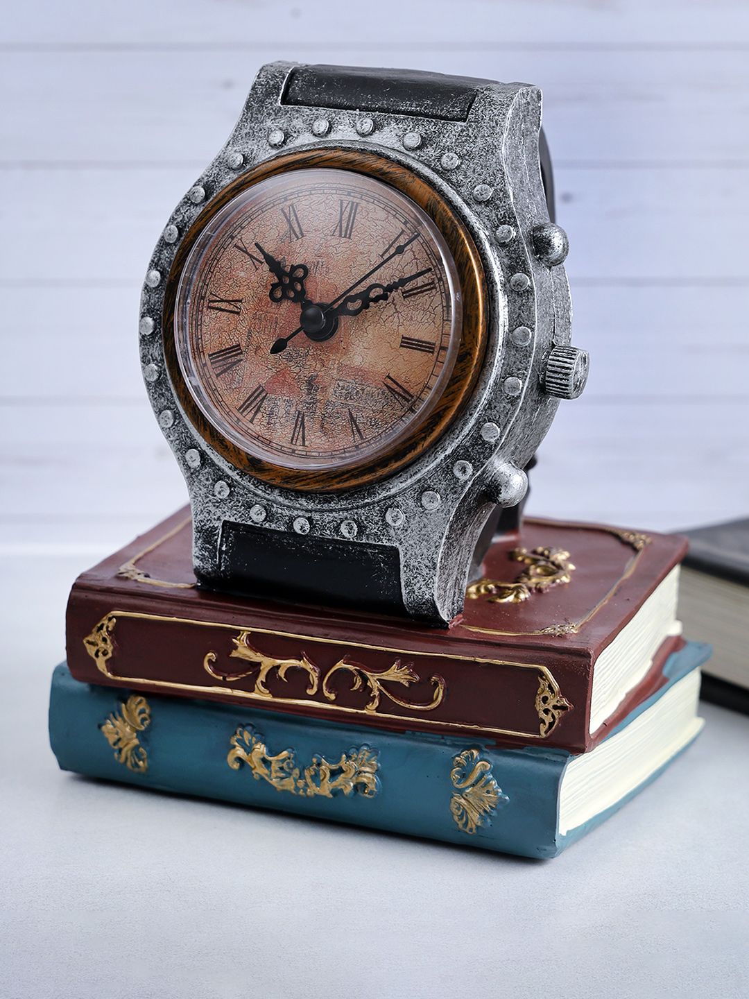 A Vintage Affair- Home Decor Brown & Silver-Toned Clock & Books Tabletop Accent Showpieces
