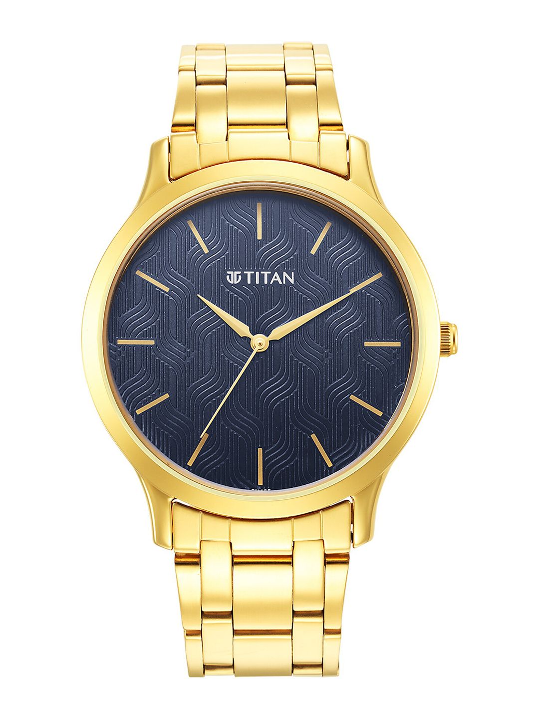 Titan Men Blue Brass Dial & Yellow Stainless Steel Bracelet Style Analogue Watch 1825YM05