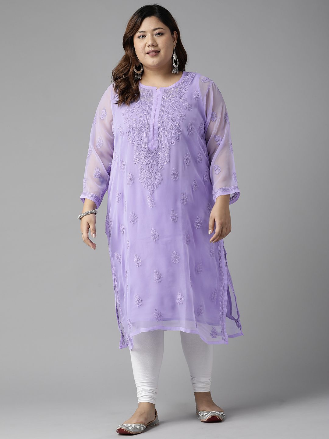 ADA Women Plus Size Mauve Ethnic Motifs Embroidered Chikankari Kurta With Slip-picture-13