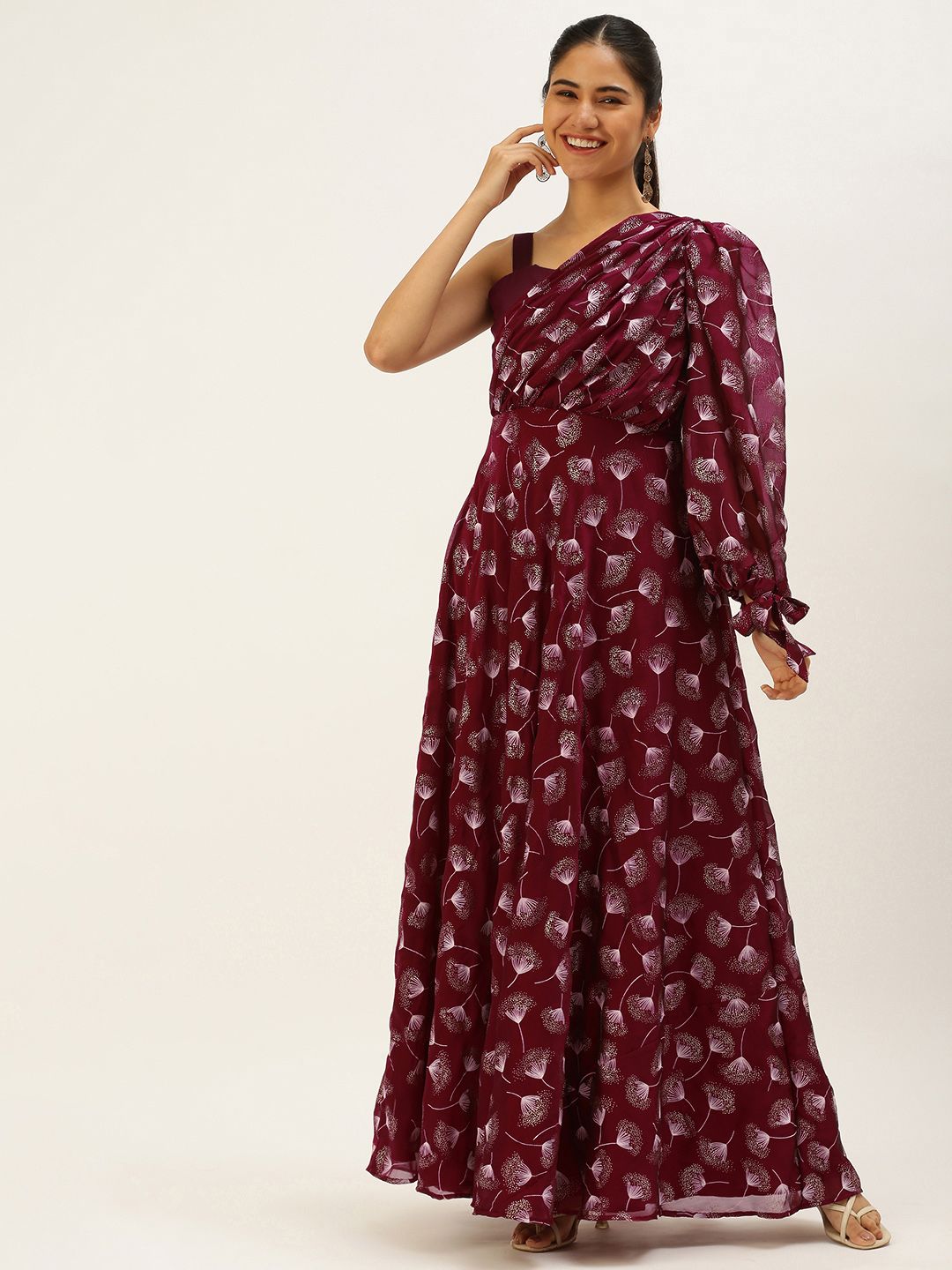 Ethnovog Maroon Foil Print One Shoulder Satin Finish Maxi Dress-image-4