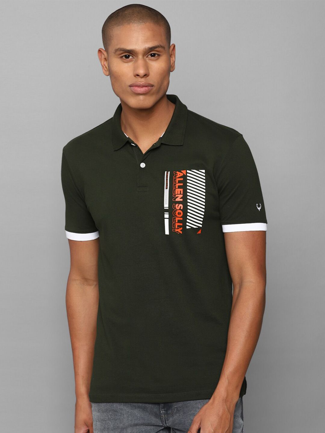 Allen Solly Men Olive Green Typography Printed Polo Collar T-shirt