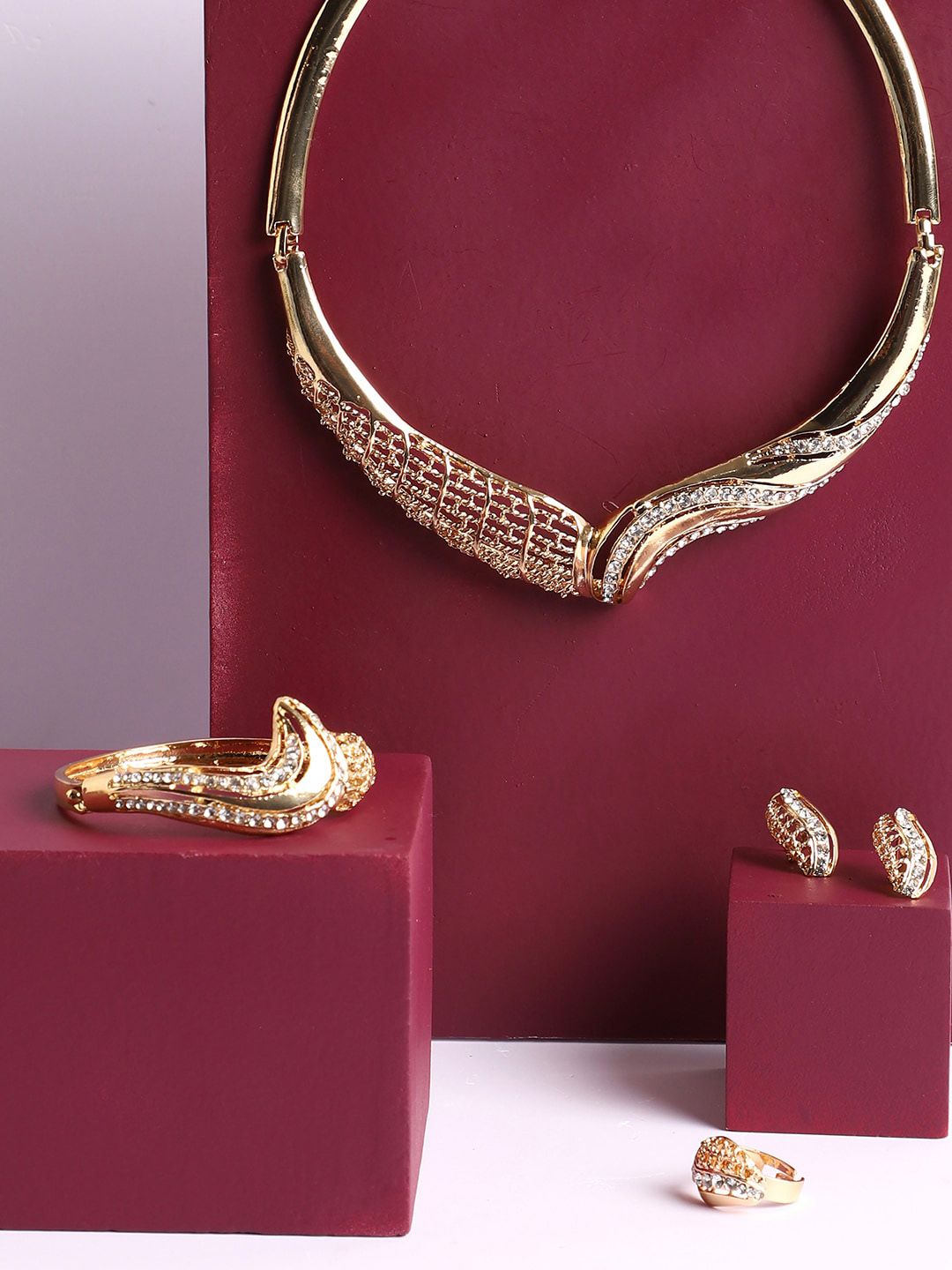 SOHI Women Gold-Plated Gold-Toned & White Stone-Studded & Beaded Jewellery Set-picture-34