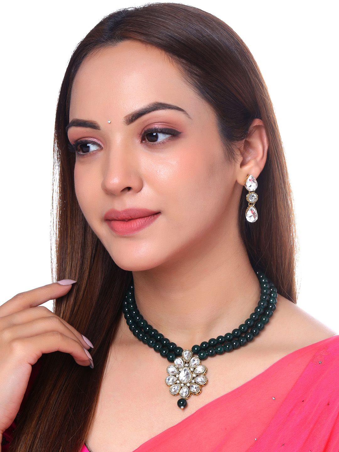 Yellow Chimes Women Green Gold-Plated Beaded Jewellery Set-picture-20