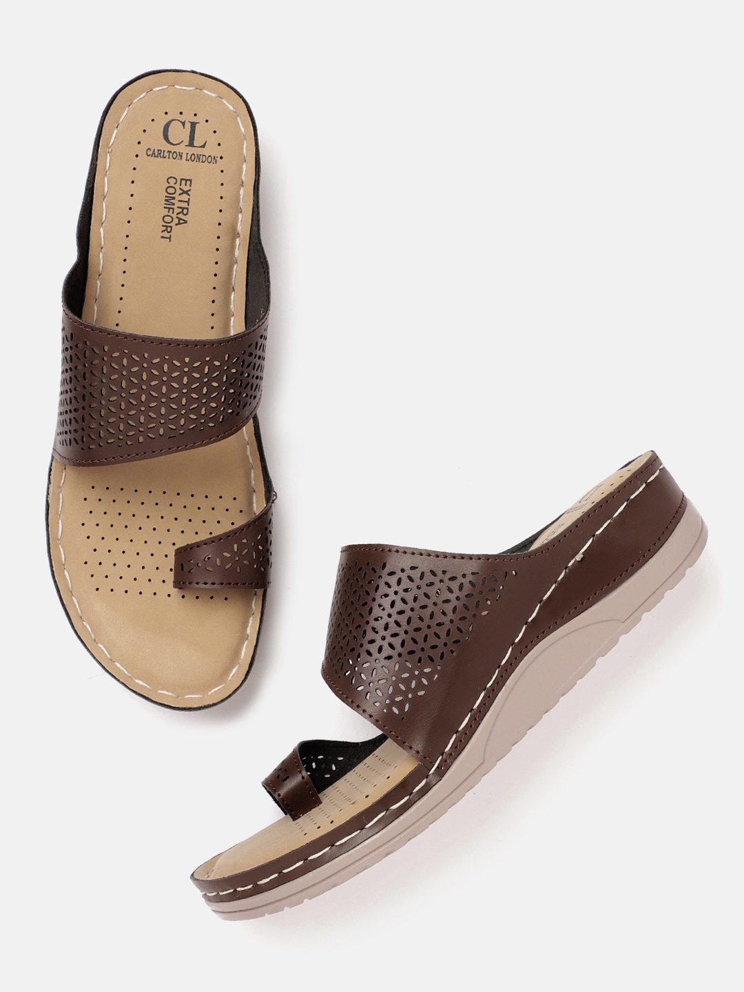 Carlton London Women Brown Solid Flatform Sandals with Laser Cut Detail