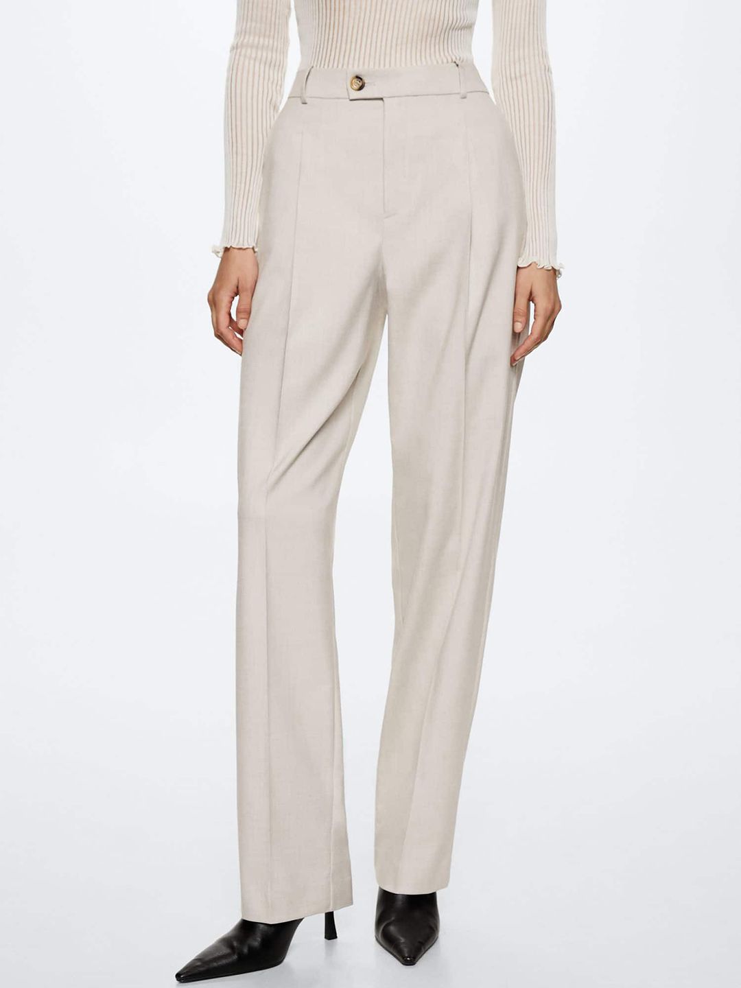 MANGO Women Off White Straight Fit Pleated Sustainable Trousers-picture-18