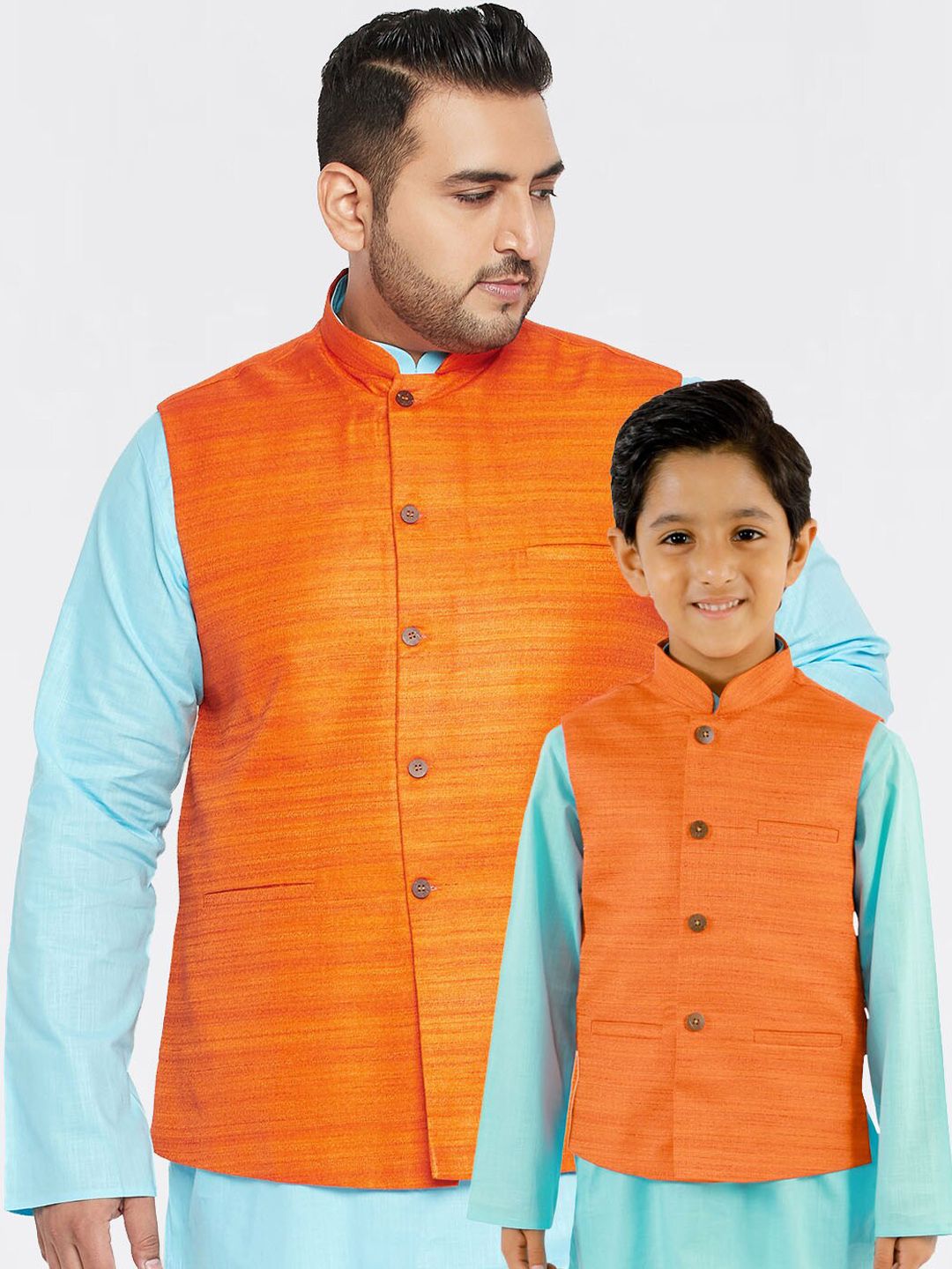 VASTRAMAY Boys Orange Woven Design Nehru Jacket-picture-53