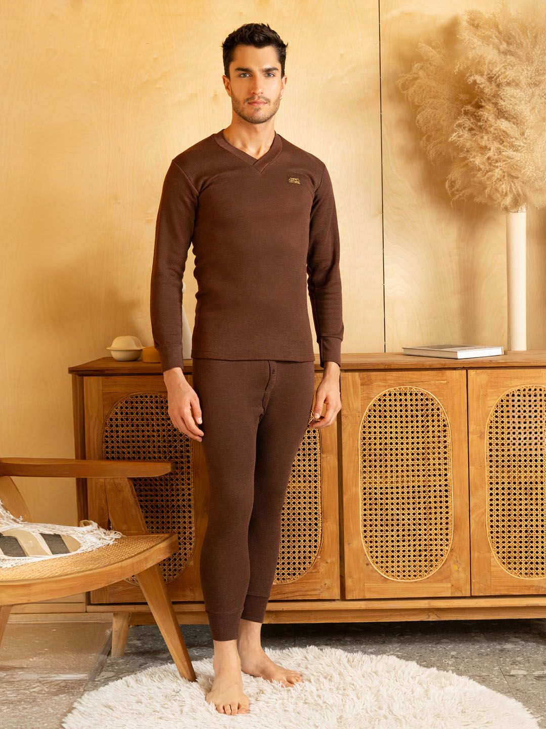 Lux Cottswool Men Plus Size Brown Solid Cotton Thermal Set-picture-51