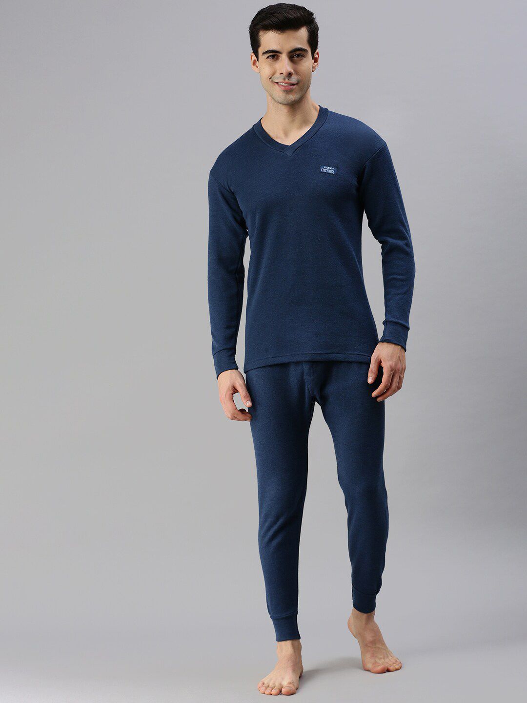 Lux Cottswool Men Plus Size Blue Solid Cotton Thermal Set-picture-19