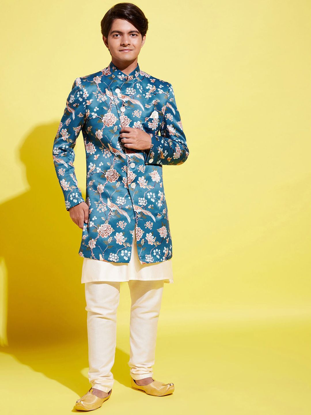 VASTRAMAY Boys Turquoise Blue Printed Slim-Fit Sherwani Set-picture-30