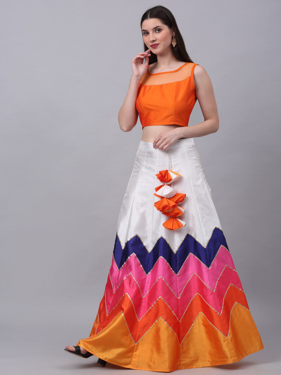 NEUDIS Orange & White Printed Ready to Wear Lehenga With Top