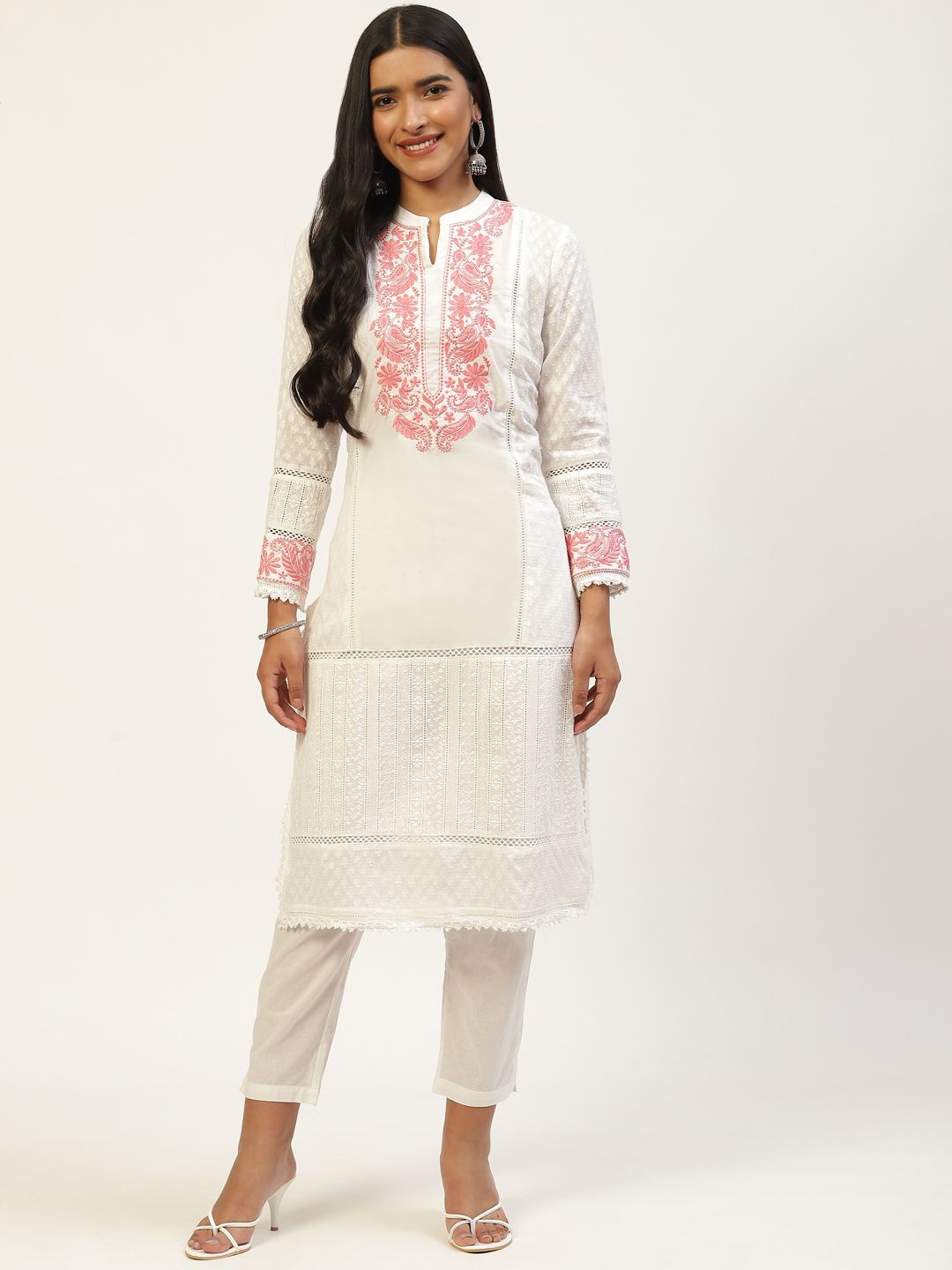 MISRI Women White Ethnic Motifs Embroidered Lace Detail Kurta With Trousers