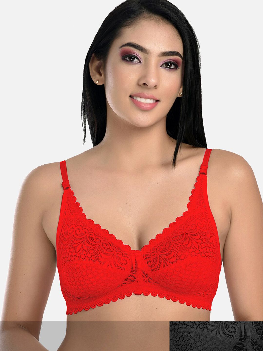 StyFun Pack Of 2 Black & Red Non Padded & Non Wired Floral Bra-picture-25