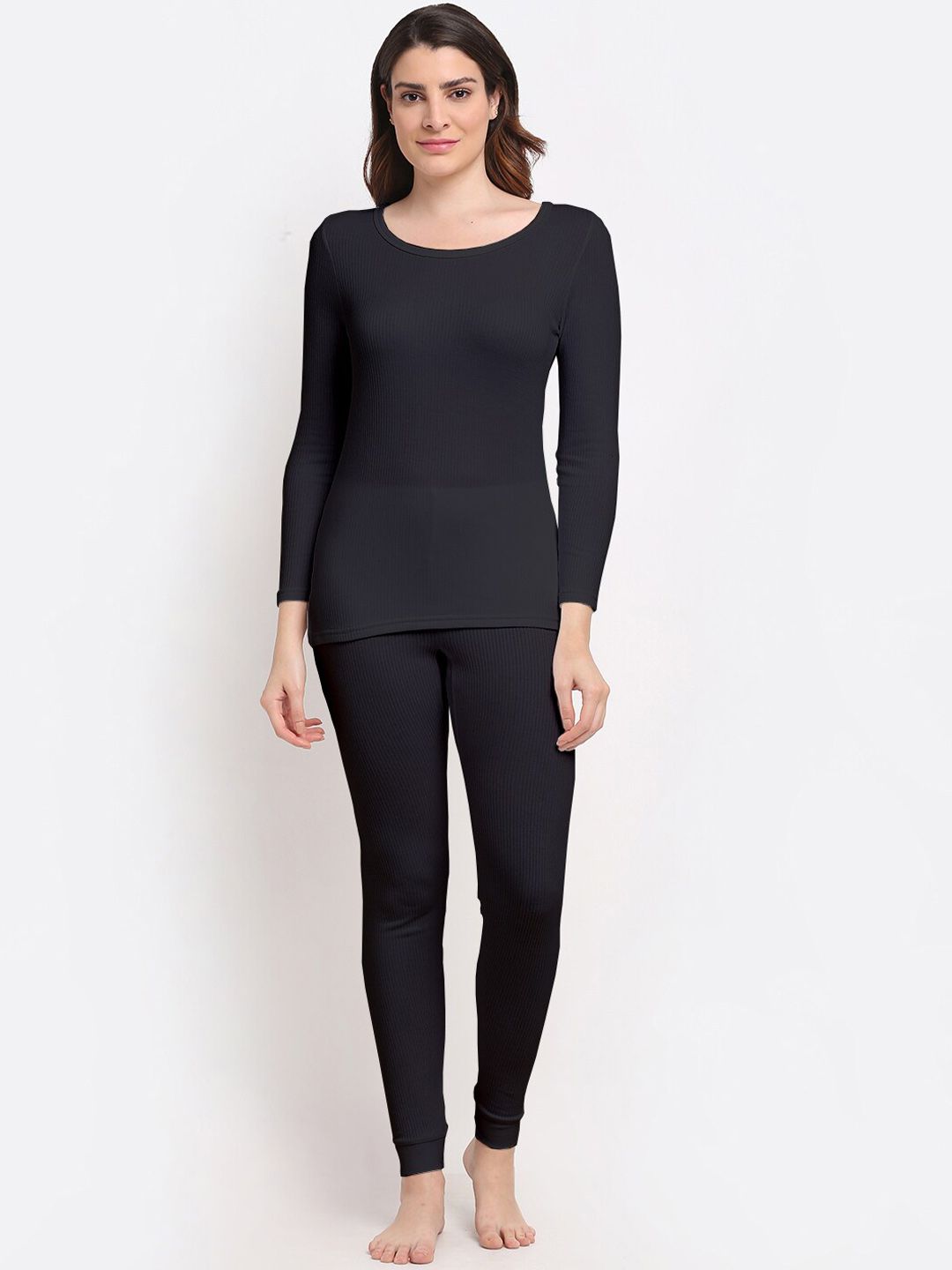 Aerowarm Women Charcoal Grey Solid Thermal Top & Bottom-image-13