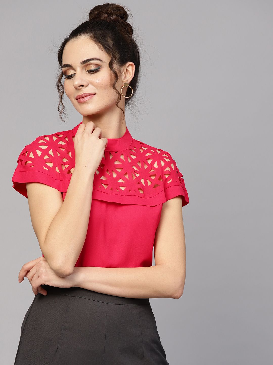 SASSAFRAS Women Pink Solid Top with Cut-Outs-picture-38