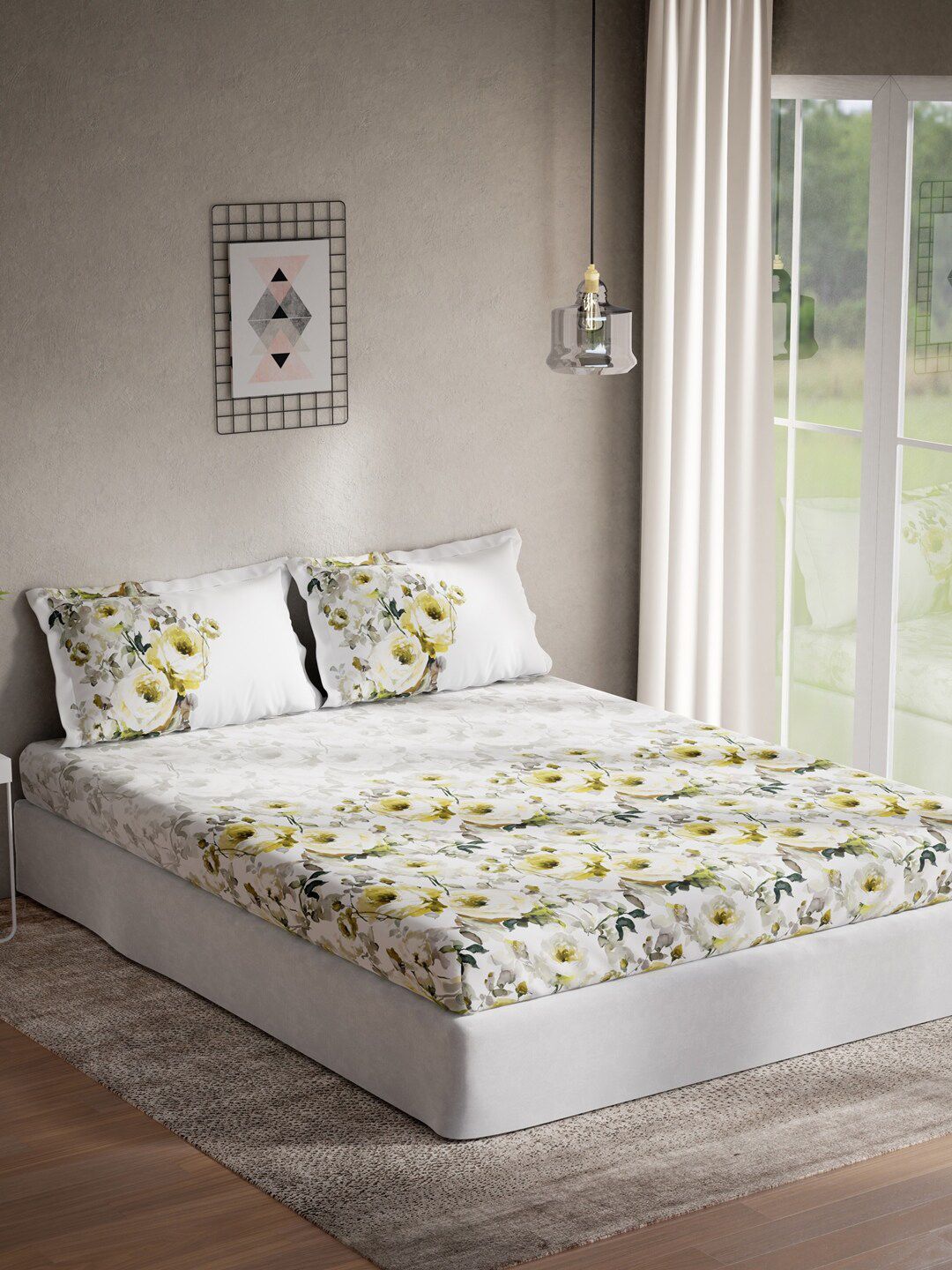 DDecor White & Yellow Floral 140 TC Cotton Queen Bedsheet with 2 Pillow Covers-image-47