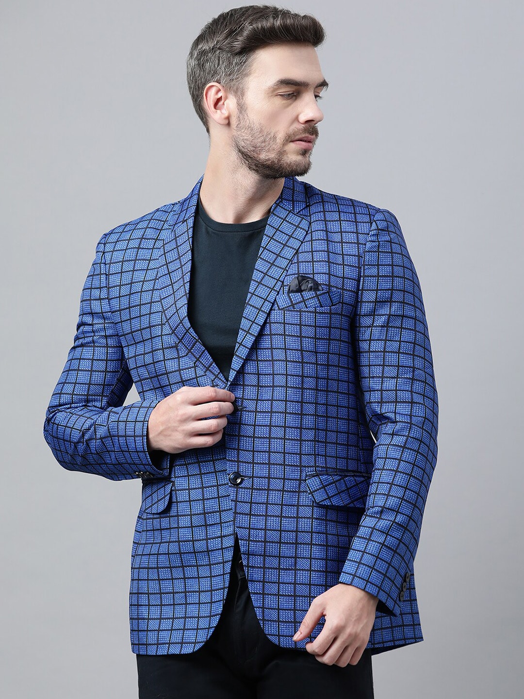 Hangup Men Blue Checked Single-Breasted Blazers