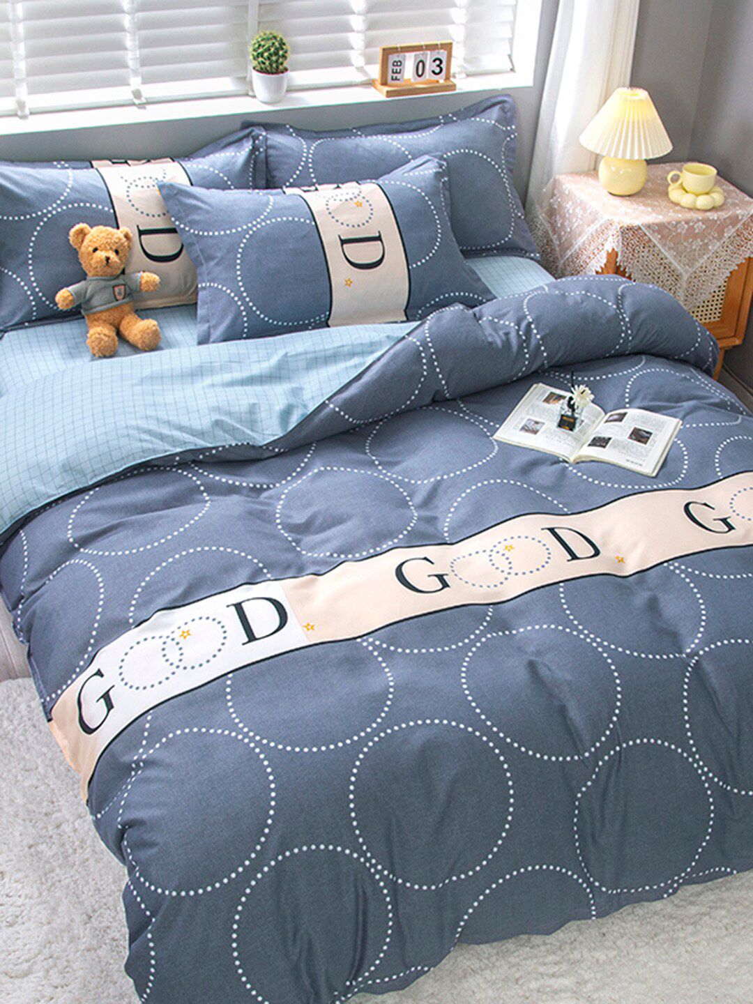 JC HOME Grey & Blue Printed Bedding Set With 2 Pillow Covers-image-43