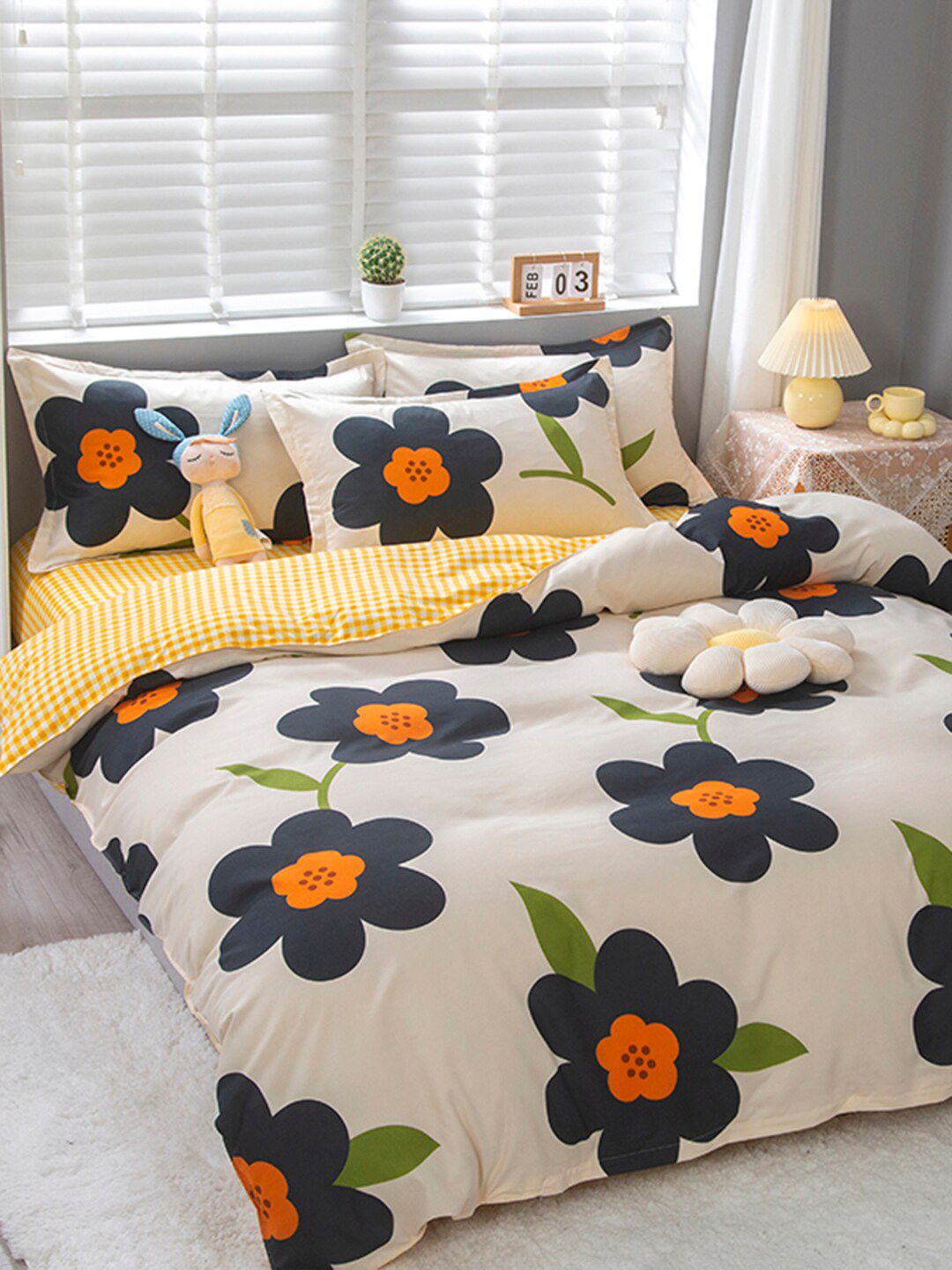 JC HOME White & Yellow Printed Double Queen Bedding Set-picture-52