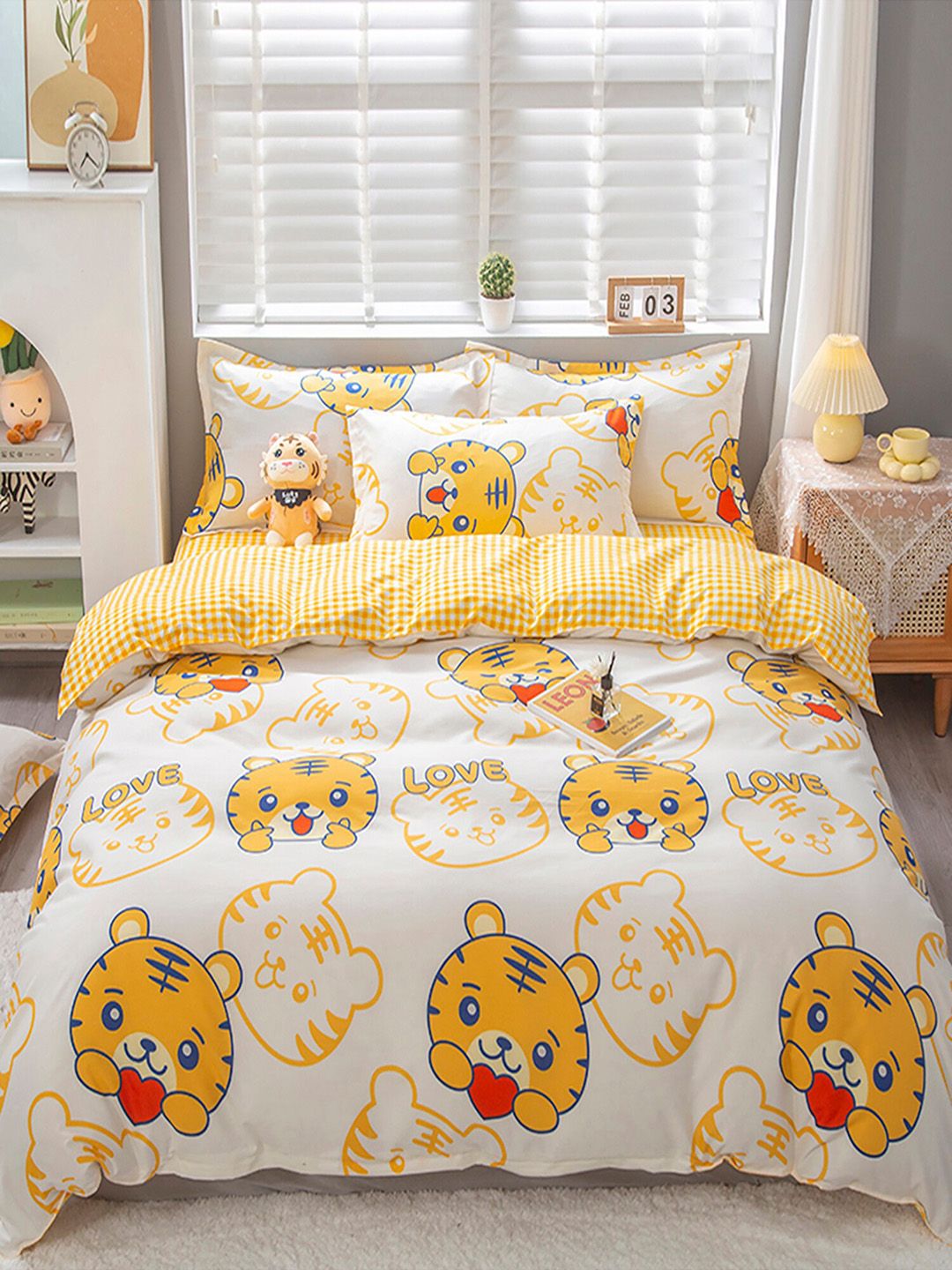 JC HOME Yellow & White Checked Double King 4-Piece Bedding Set-image-42