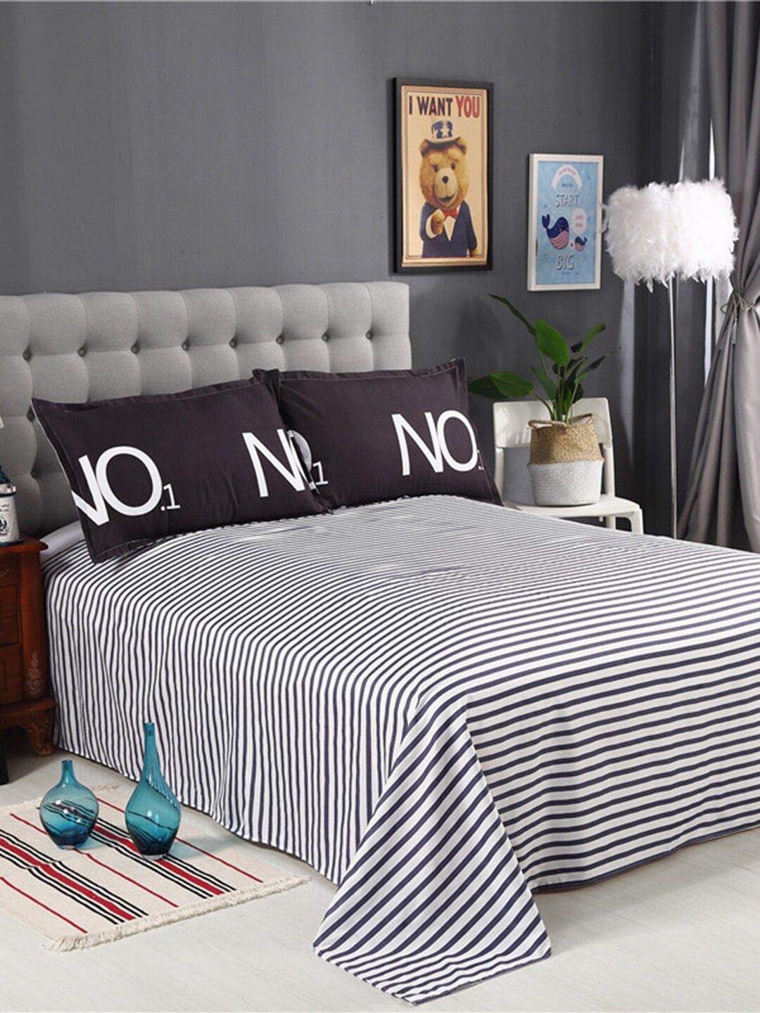 JC HOME Black & White Striped Bedding Set With 2 Pillow Covers-image-27