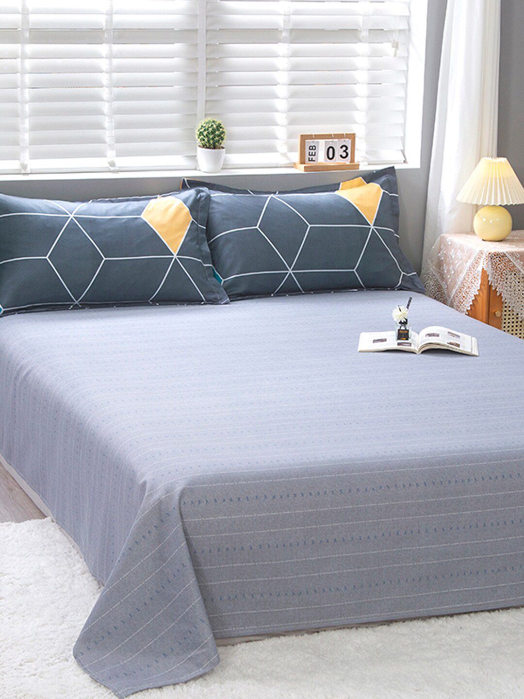 JC HOME Grey & Blue Geometric Printed Double Extra Large Bedding Set-image-43