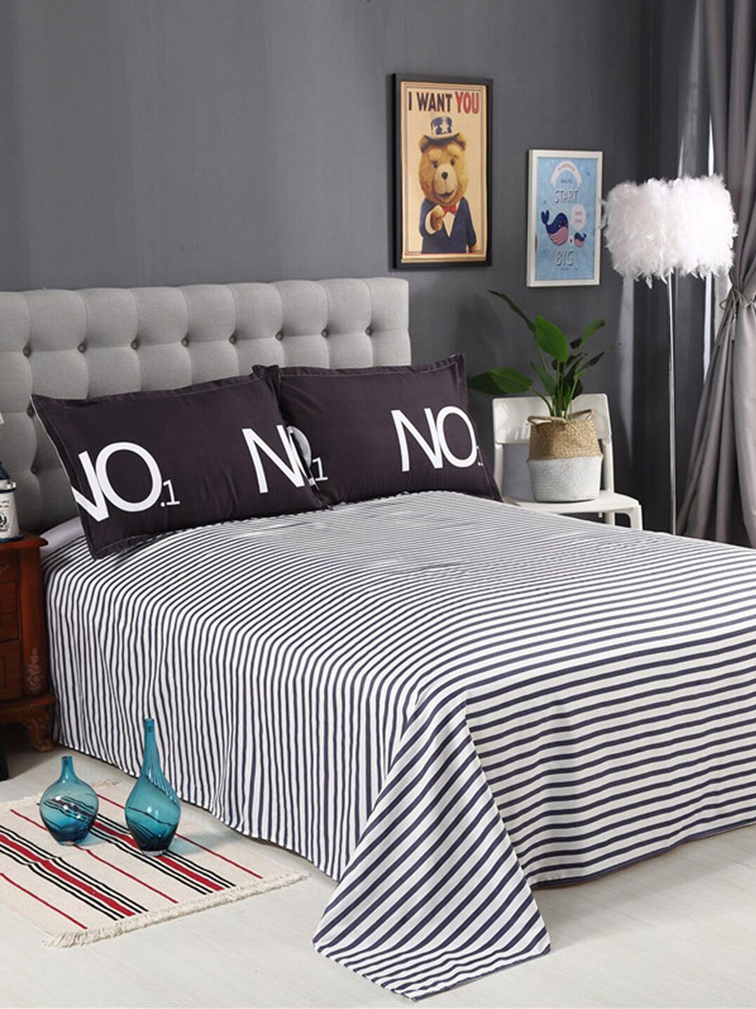 JC HOME Navy Blue & White Printed Double King Reversible Bedding Set-picture-14