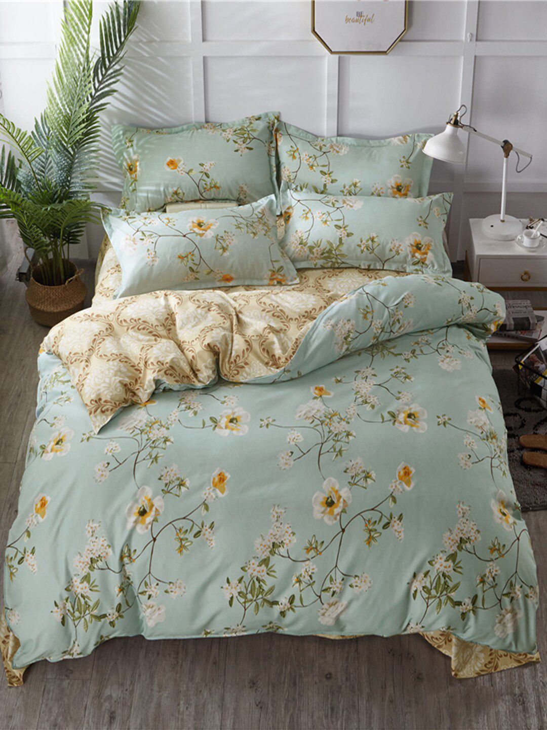 JC HOME Sea Green & Yellow Printed Double XL Bedding Set-image-29