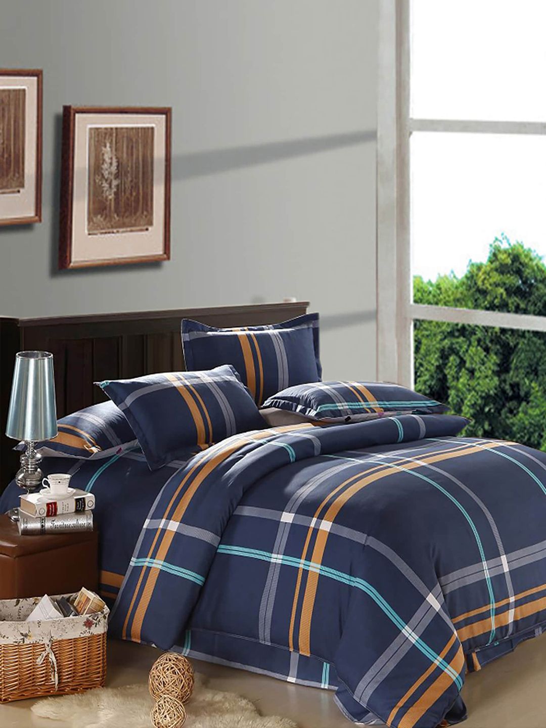 JC HOME Black & Blue Checked Single Bedding Set-image-46