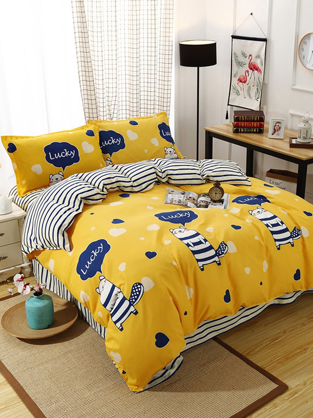 JC HOME Yellow & Navy Blue Printed King Bedding Set & 2 Pillow Covers & Quilt Cover-image-26