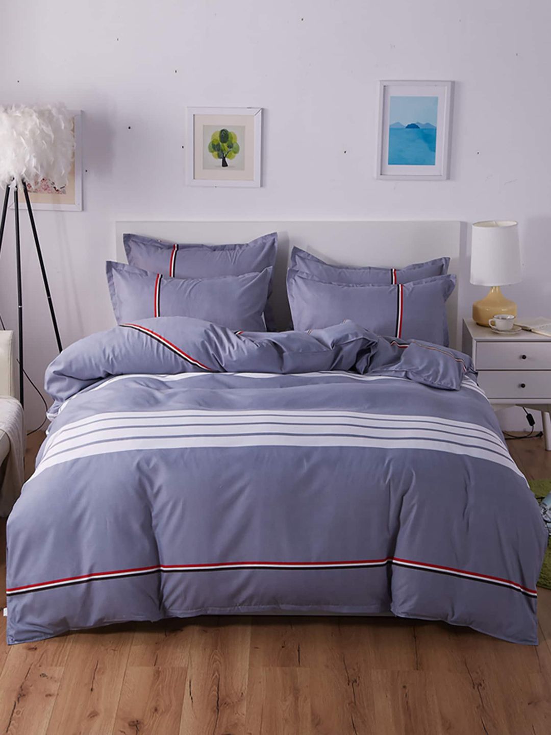 JC HOME Grey & White Striped Double Queen Bedding Set-image-44