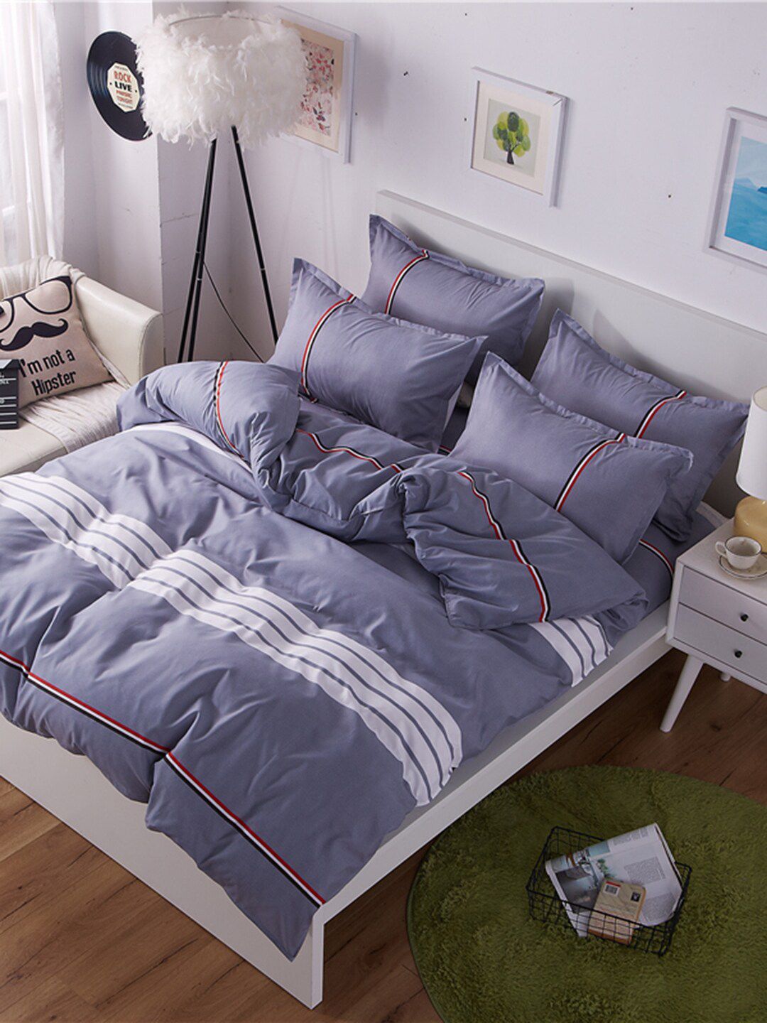 JC HOME Grey  White Striped Double King Bedding Set-picture-33