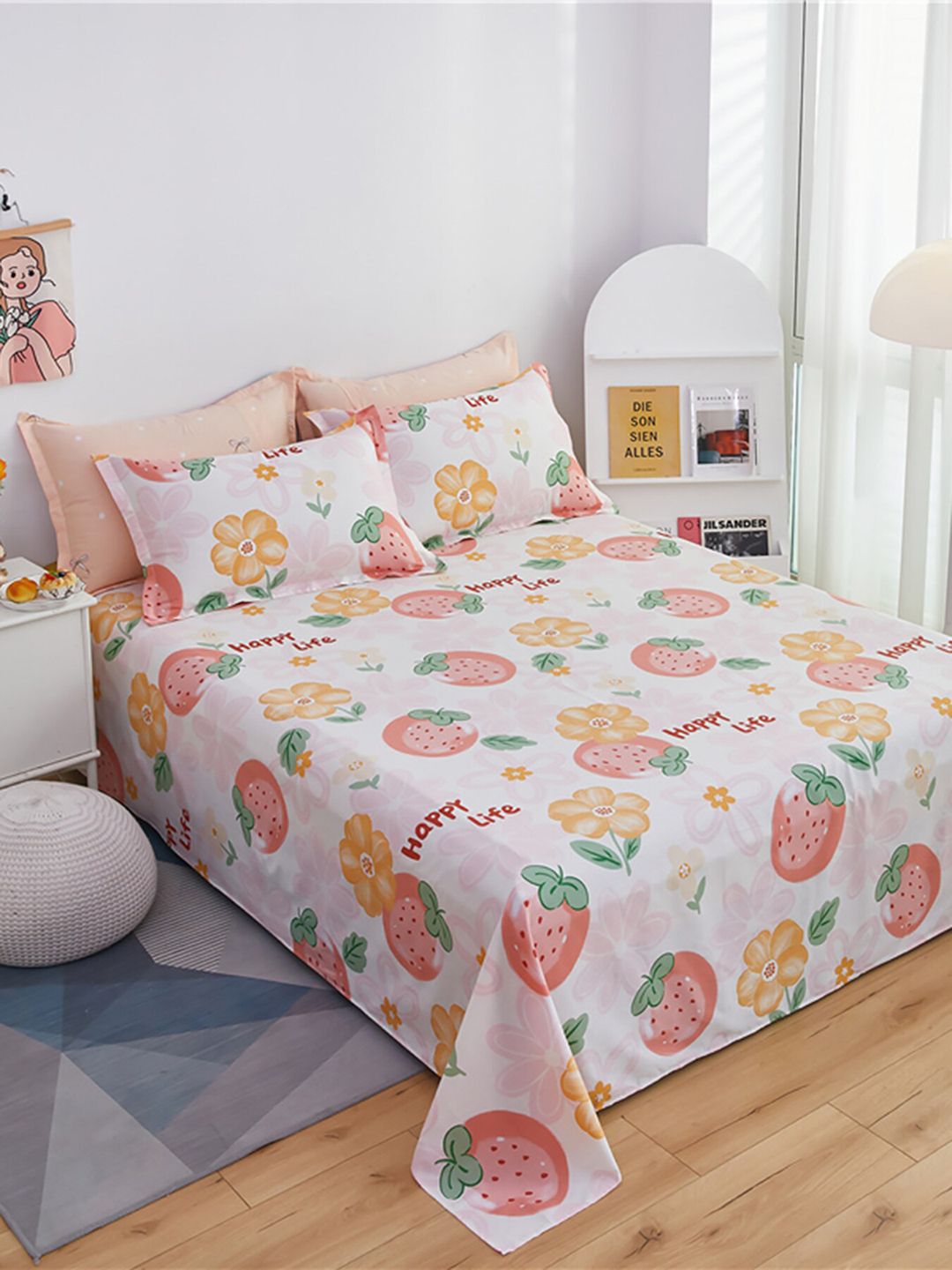 JC HOME White & Pink Printed Pure Cotton Double King Bedding Set-image-38