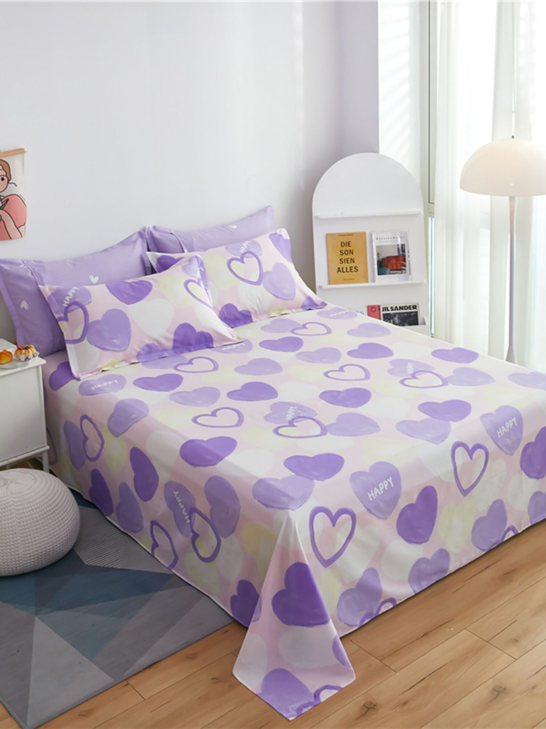 JC HOME White & Purple Printed Double Extra Large Cotton Bedding Set-image-39