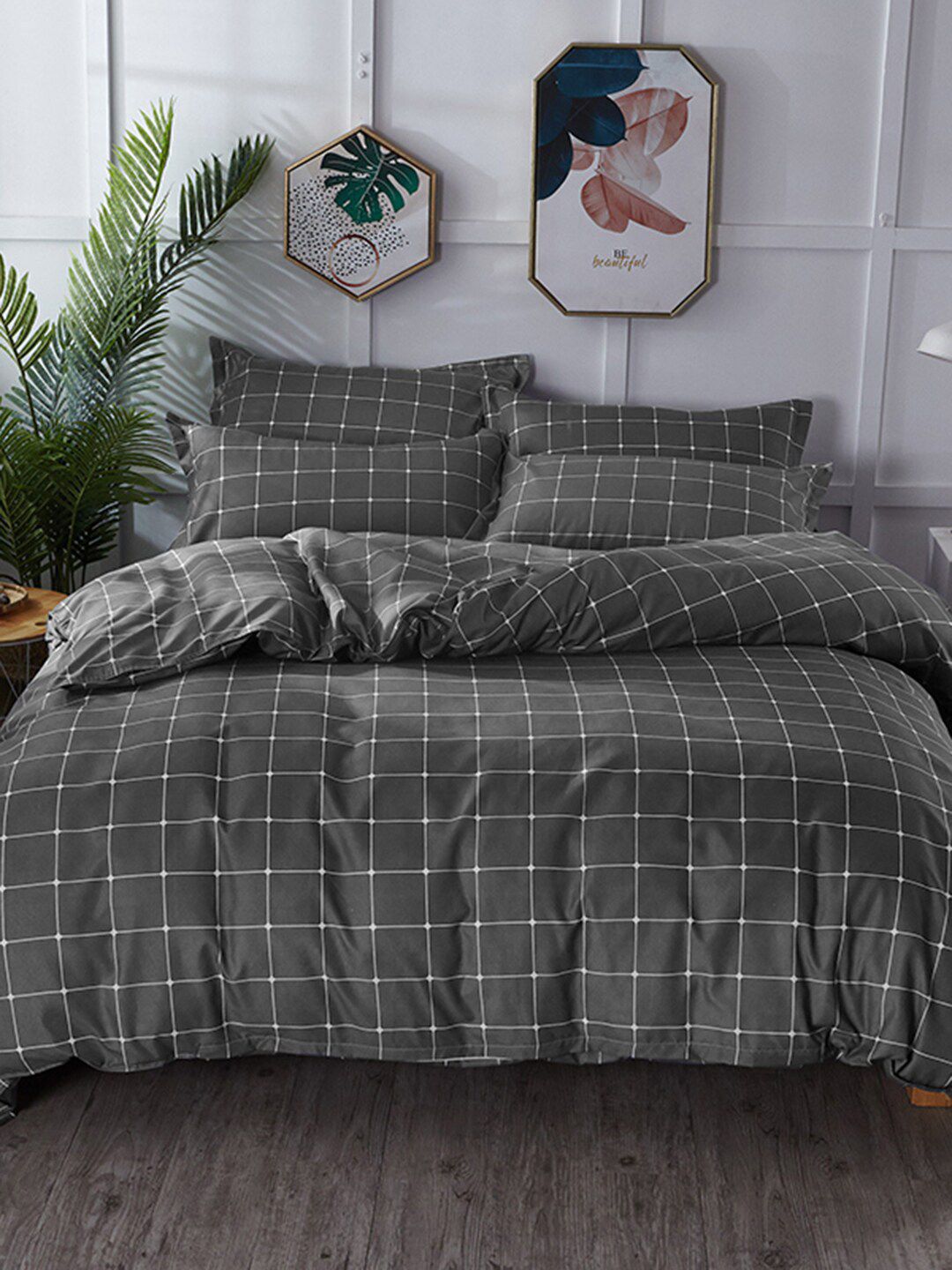 JC HOME Black Checked Double Queen Reversible Bedding Set-image-34