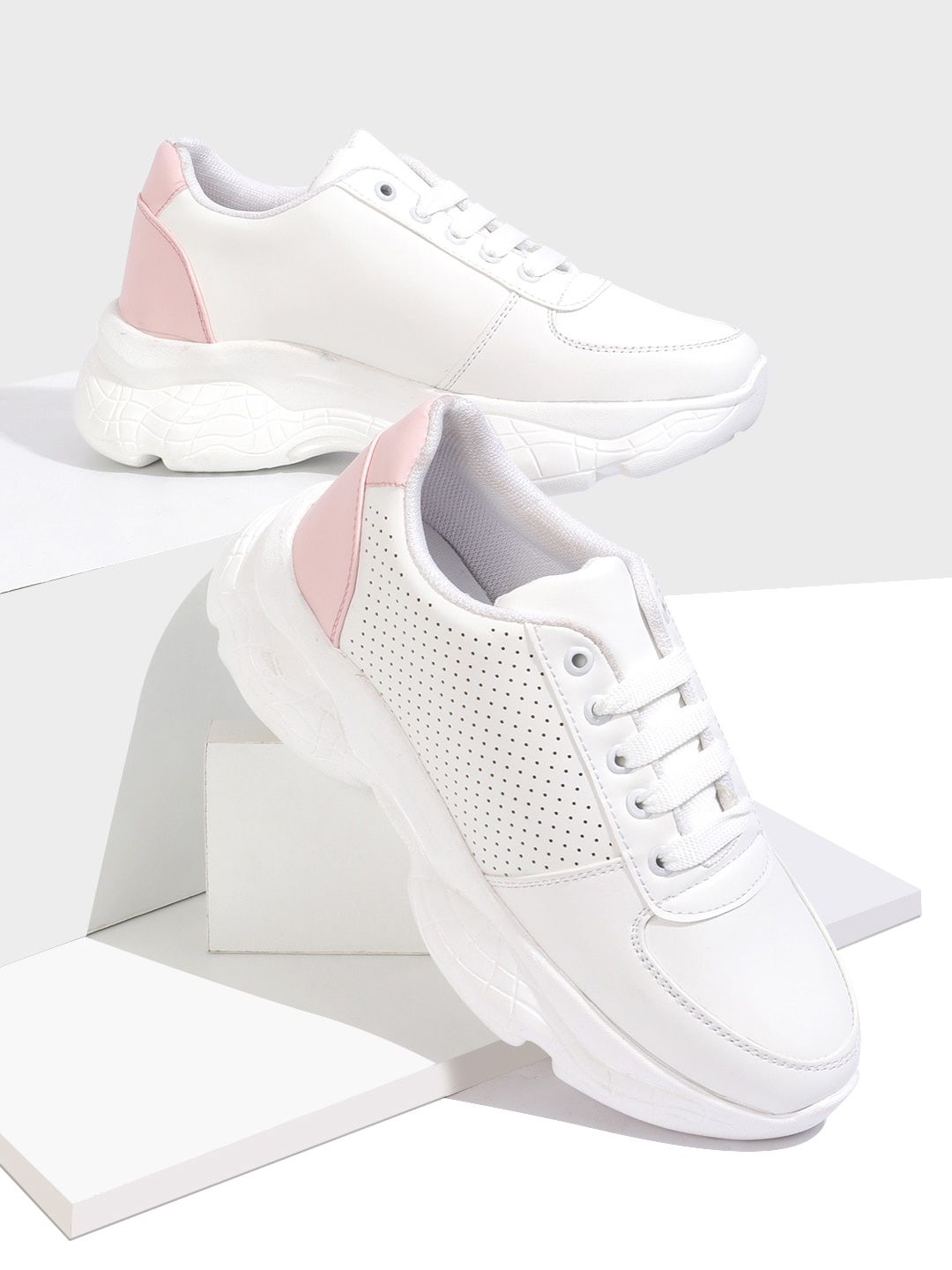 RapidBox Women White & Pink Lace Up Sneakers-image-11