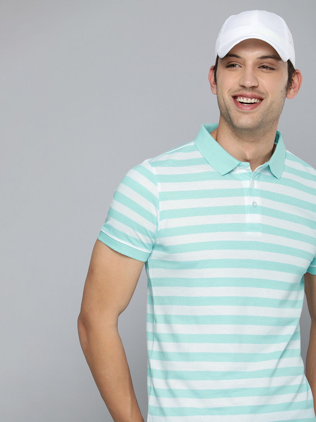 HERE&NOW Men Blue Striped Polo Collar Pure Cotton T-shirt
