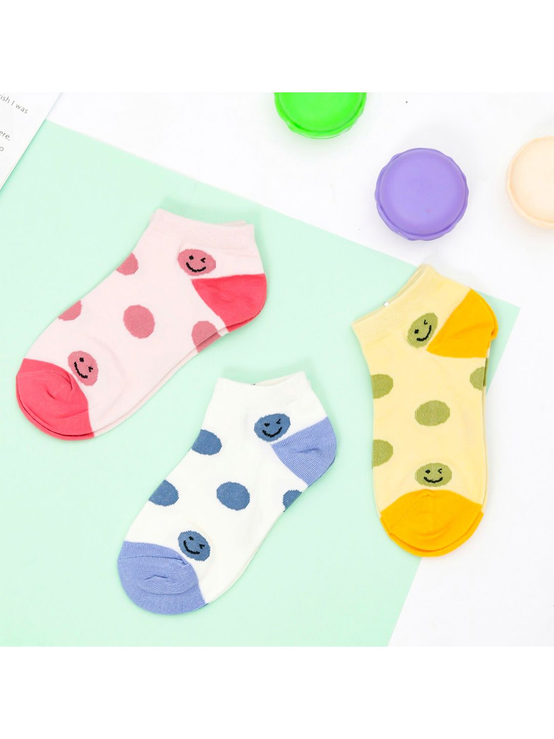 Yellow Bee Girls Pack Of 3 Patterned Ankle-Length Cotton Socks-picture-36