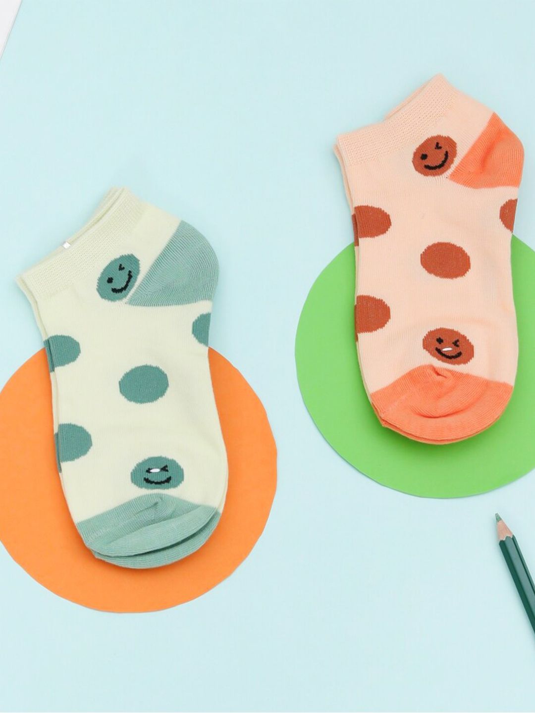 Yellow Bee Girls Pack Of 2 Green & Peach Patterned Cotton Ankle-Length Socks-picture-31