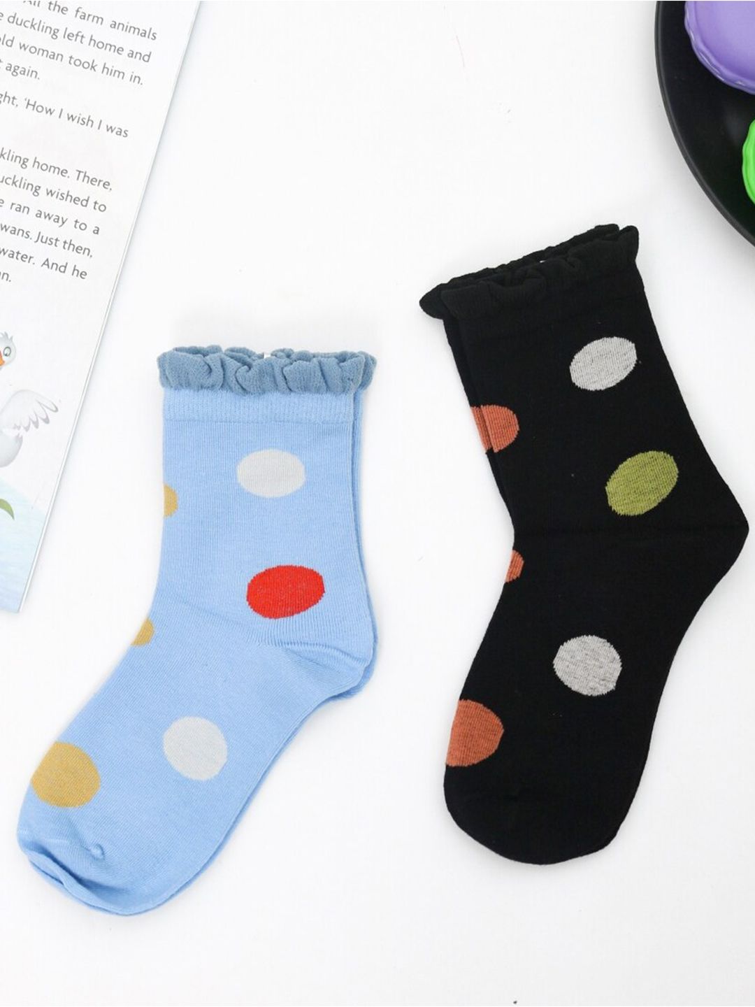 Yellow Bee Girls  Girls Pack Of 2 Black & Blue Patterned Cotton Ankle-Length Socks-picture-37